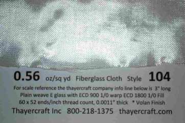 104 Close up with Construction Data from Thayercraft 0.56 oz/sq yd fiberglass style 104 close up photo with Construction Data