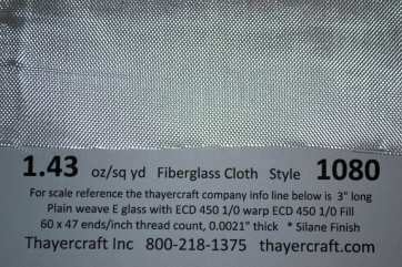 1.43 oz style 1080 fiberglass cloth from Thayercraft Close up Photo of 1.43 oz style 1080 with Construction Data from Thayercraft