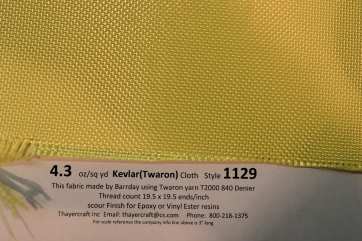 4.3 oz/sq yd Style 1129 Kevlar cloth with construction data from Thayercraft 4.3 oz/sq yd style 1129 Kevlar fabric close up with construction data