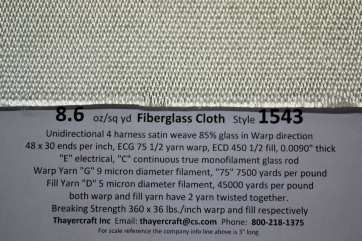 8.6 oz Style 1543 fiberglass cloth from Thayercraft 1543 close up with data
