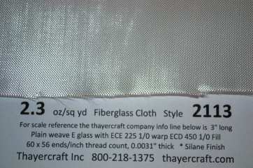 2113 close up with Construction Data from Thayercraft 2.3 oz/sq yd fiberglass cloth with Construction Data Sheet