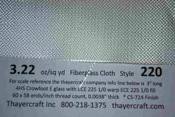 Fiberglass 220 4hs 3.22 oz crowfoot weave close up with construction data