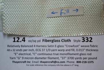 332 12.4 oz Fiberglass Cloth close up with data from Thayercraft