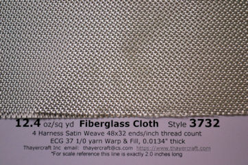 12.4 oz style 3732 close up Close up photo with data of style 3732, 12.4 oz/sq yd fiberglass cloth