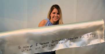 Style 3783, 60" wide with 627 silane finish Fiberglass Cloth, Julissa holding roll Style 3783, 60" wide with 627 silane finish Fiberglass Cloth, Julissa holding rol