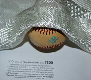 9.6 oz/sq yd Style 7500 Volan finish fiberglass cloth from Thayercraft 7500 504 Volan folded back on baseball from Thayercraft