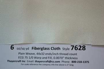 Style 7628 6 oz/sq yd plain weave close up with construction data from Thayercraft