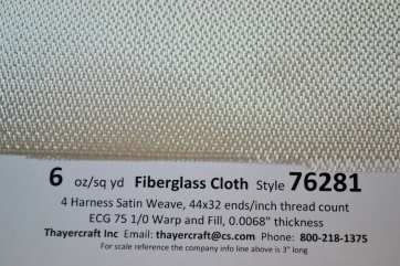 76281 4 HS 6 oz/sq fiberglass cloth close up with data  from Thayercraft