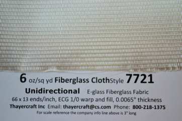 Style 7721 6 oz uni fiberglass cloth from Thayercraft 7721 close up with data