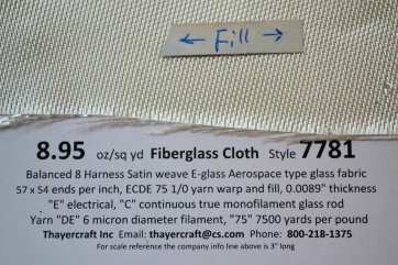 8.95 oz Style 7781 Volan finish fiberglass cloth from Thayercraft 7781 close up with construction data