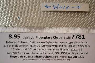 Style 7781 8HS fiberglass cloth close up with data warp showing edge from Thayercraft