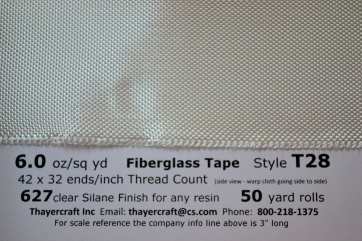 6 oz fiberglass tape T28 close up with data from Thayercraft Style T28 fiberglass tape from Thayercraft