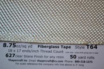 8.75 oz/sq yd Fiberglass Tape style T64 from Thayercraft Style T64, 4" fiberglass tape close up with data from Thayercraft