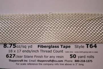 T64 8.75 oz/sq yd Fiberglass Tape close up with data T64 8.75 oz/sq yd Fiberglass Tape close up with data from Thayercraft
