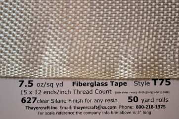 T75 7.5 oz/sq yd fiberglass tape close up with data from Thayercraft
